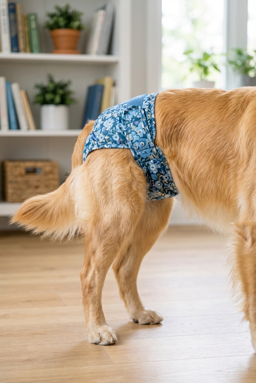A close-up photo of a dog wearing a washable heat diaper while standing indoors