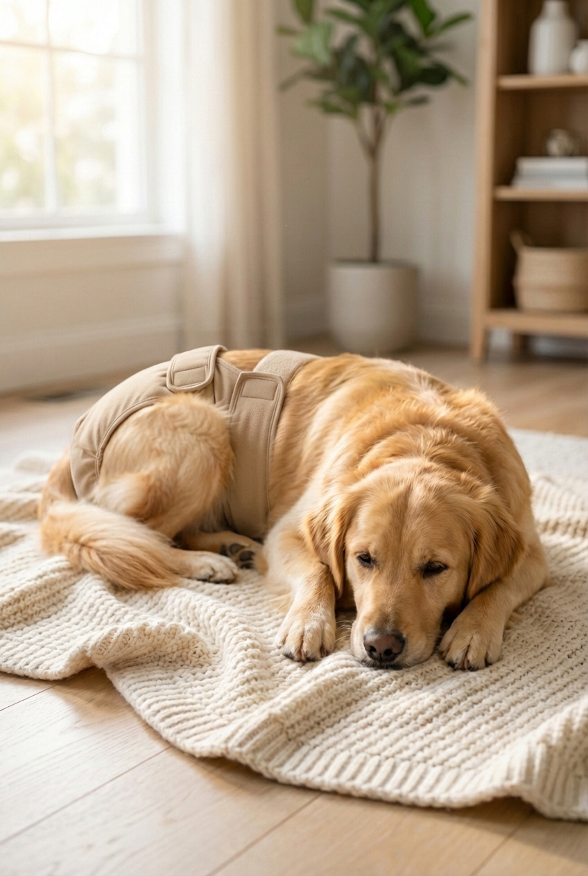 A close-up photo of a dog wearing a well-fitted dog diaper indoors