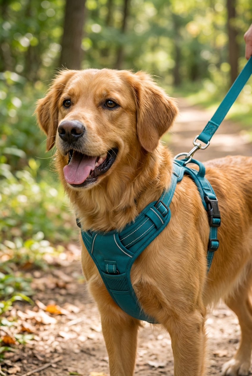 A close-up photo of a dog wearing a well-fitted running harness and leash on a park trail