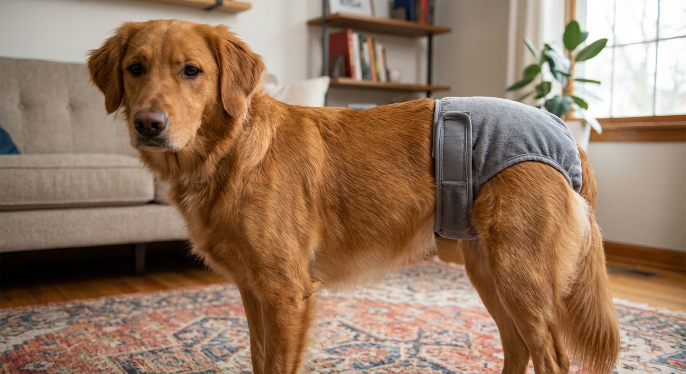 A close-up photo of a dog wearing properly fitted dog heat panties while standing calmly in a living room