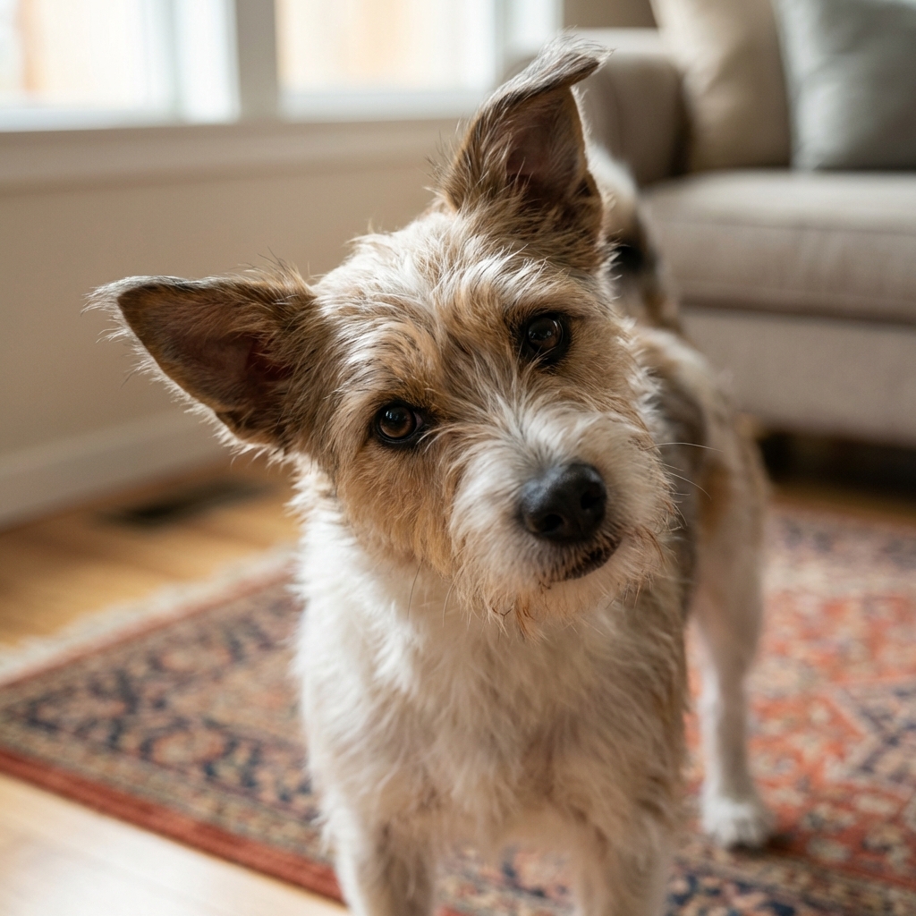 A close-up photo of a dog with a noticeable head tilt while standing indoors