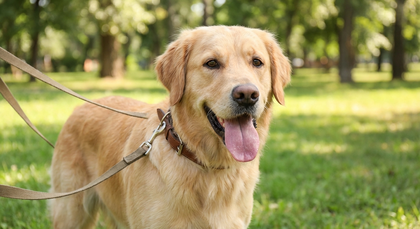 A close-up photo of a dog with a relaxed open mouth and soft eyes while standing on leash outdoors