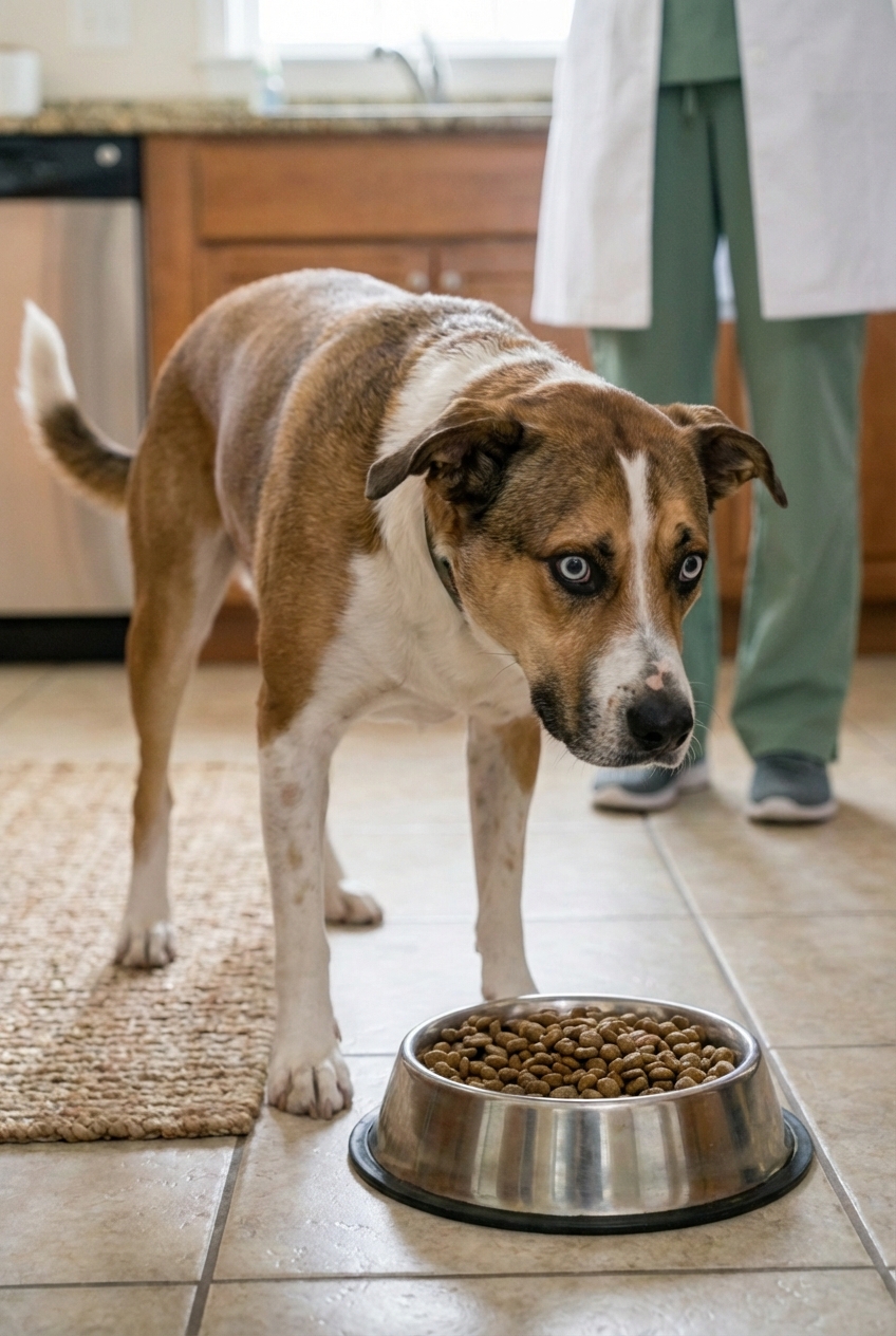 A close-up photo of a dog with a stiff posture and wide eyes near a food bowl