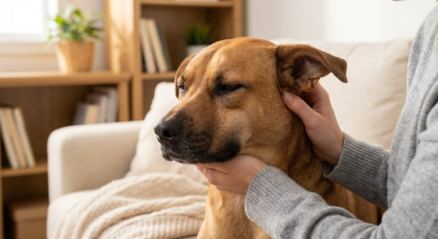 A close-up photo of a dog with facial swelling while being comforted by an owner in a living room