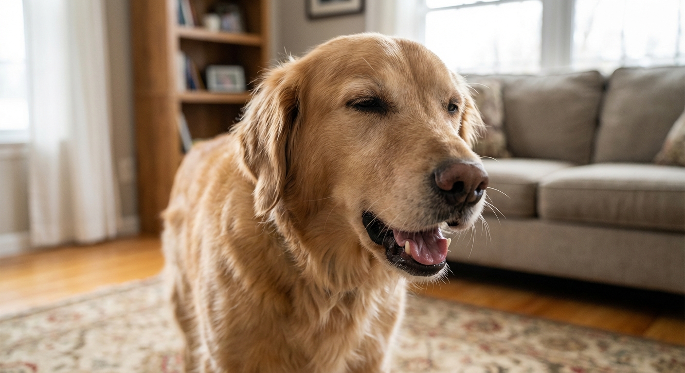 A close-up photo of a dog with its mouth slightly open mid-cough while standing indoors