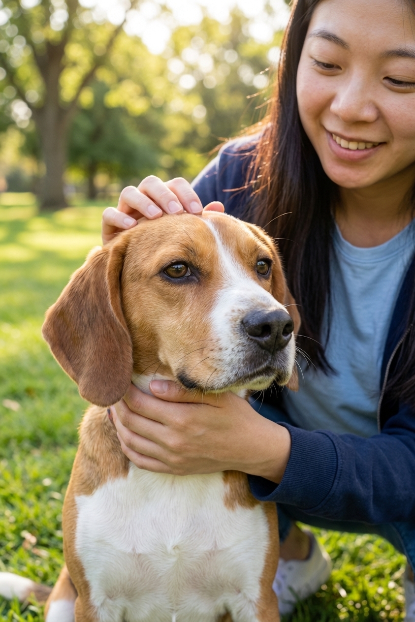 A close-up photo of a dog with noticeable swelling on one side of the muzzle while being gently restrained by an owner outdoors