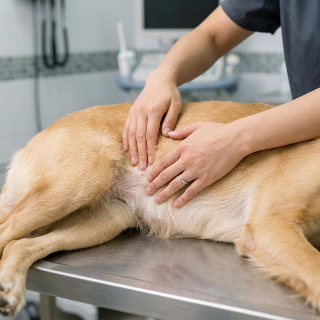 A close-up photo of a dog's abdomen being gently palpated by hands