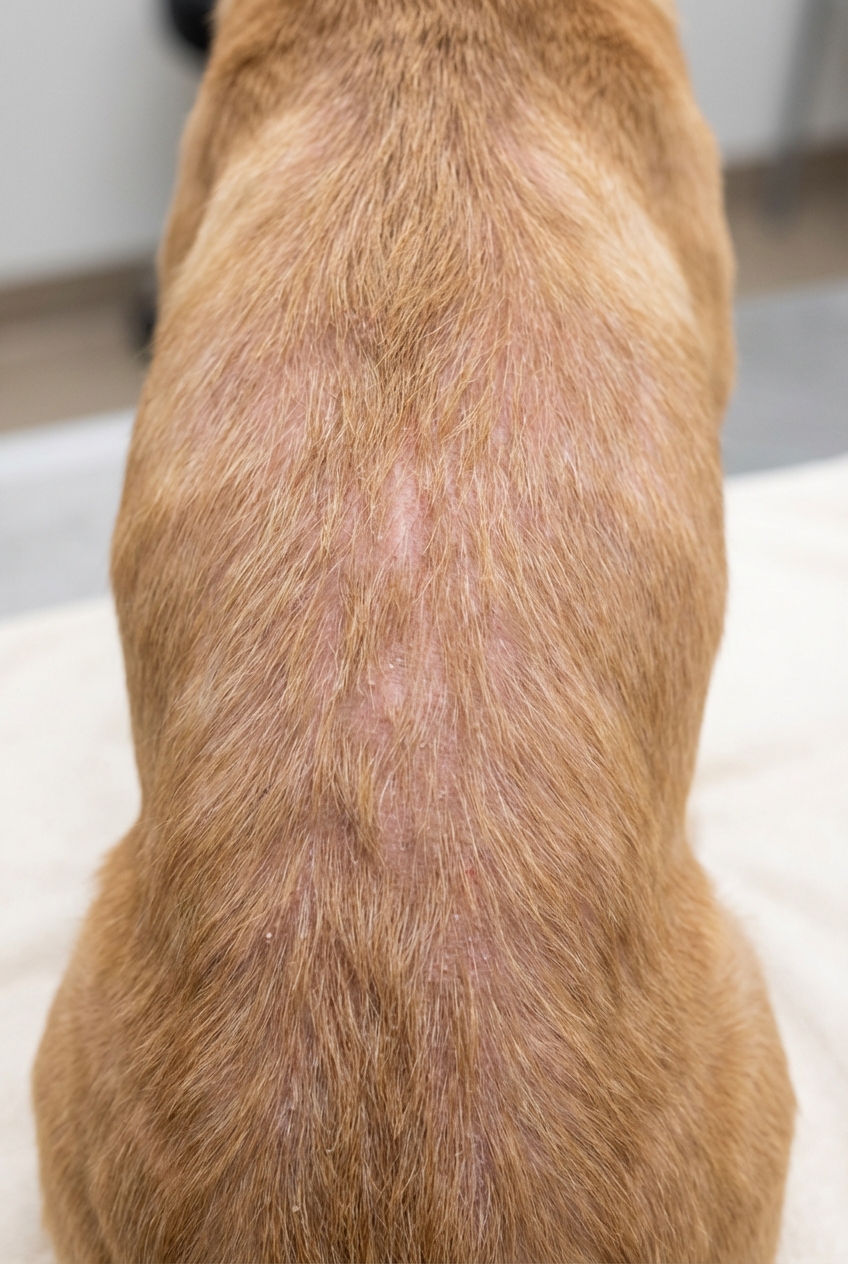 A close-up photo of a dog’s back showing thin fur and visible skin