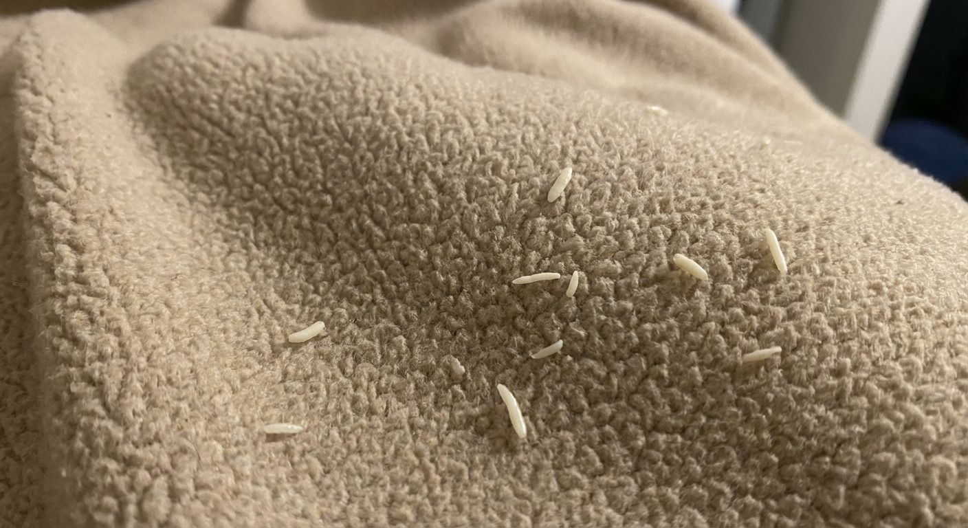 A close-up photo of a dog’s bedding with a few rice-like tapeworm segments visible on the fabric