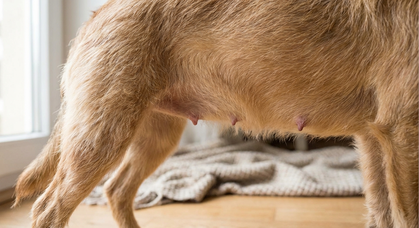 A close-up photo of a dog’s belly showing slightly enlarged nipples in soft natural light