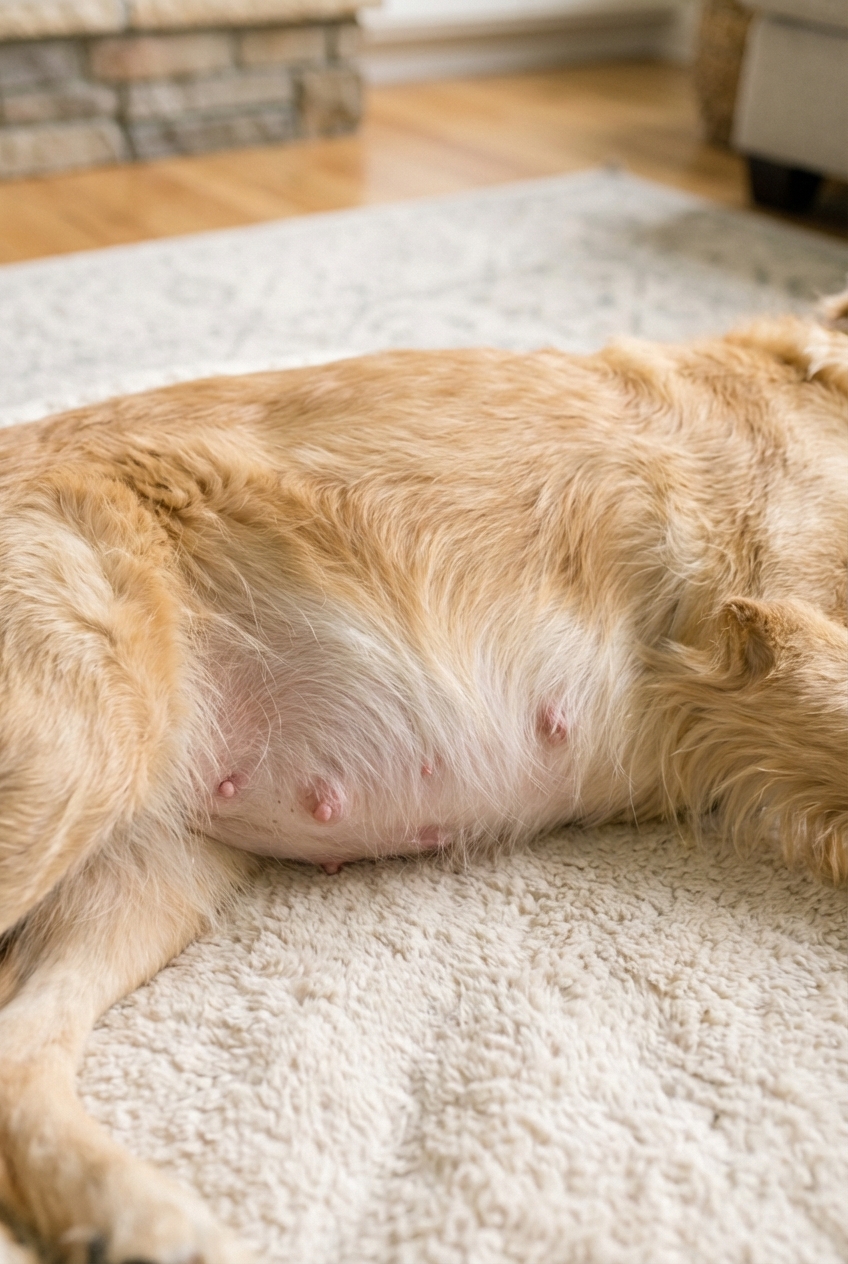 A close-up photo of a dog’s belly with slightly enlarged nipples in soft natural light