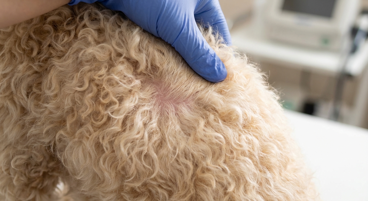 A close-up photo of a dog’s curly coat being gently parted to reveal the skin underneath