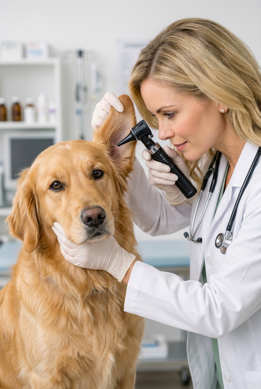 A close-up photo of a dog’s ear being examined by a veterinarian with an otoscope in a clinic