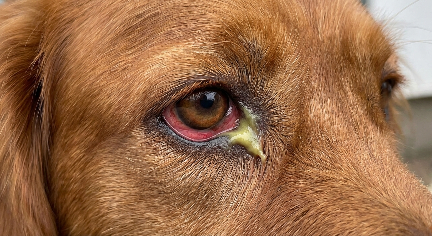 A close-up photo of a dog's eye with thick yellow discharge at the inner corner and noticeable redness