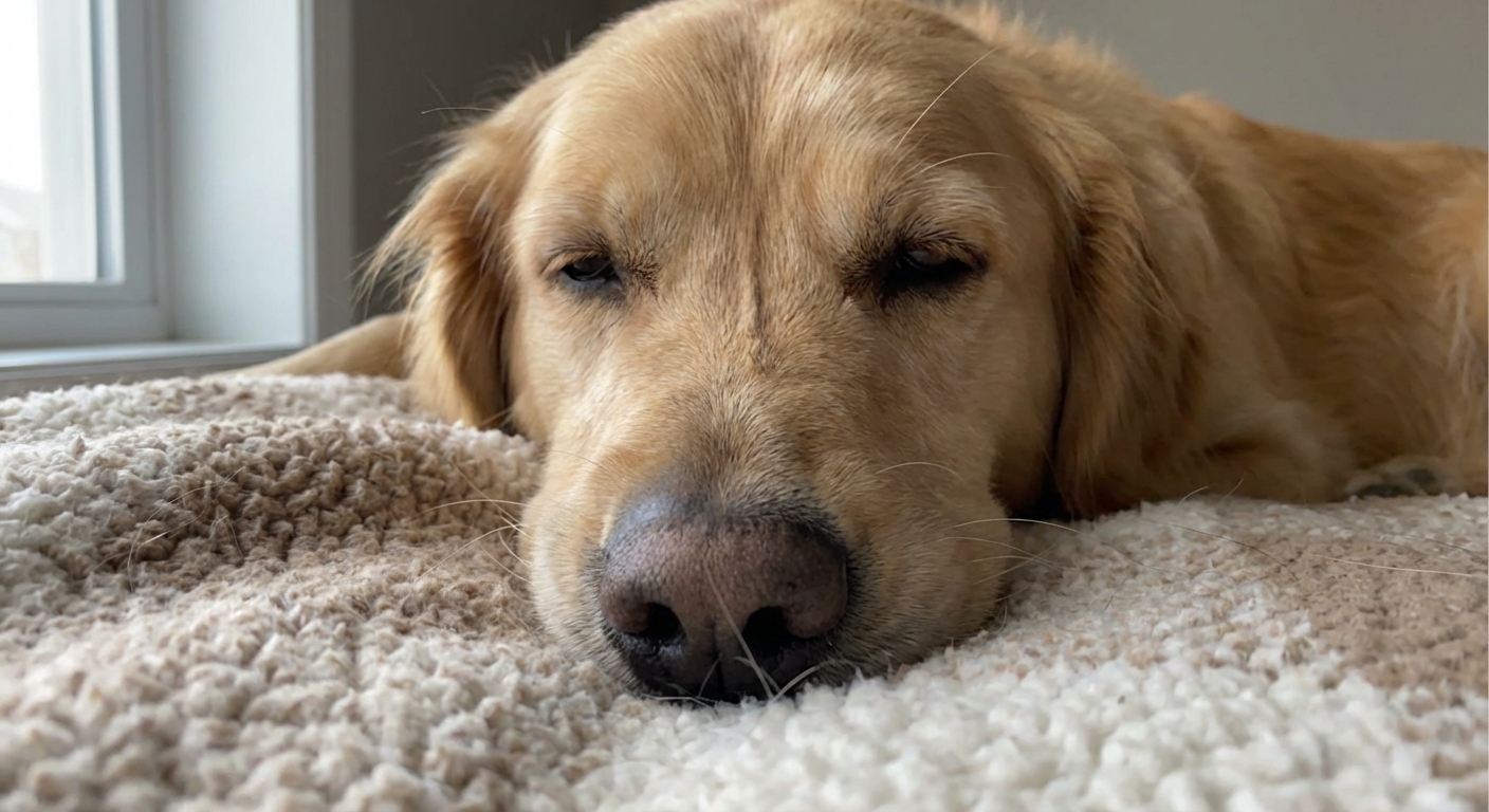 A close-up photo of a dog’s face resting on a blanket with tired eyes, suggesting lethargy