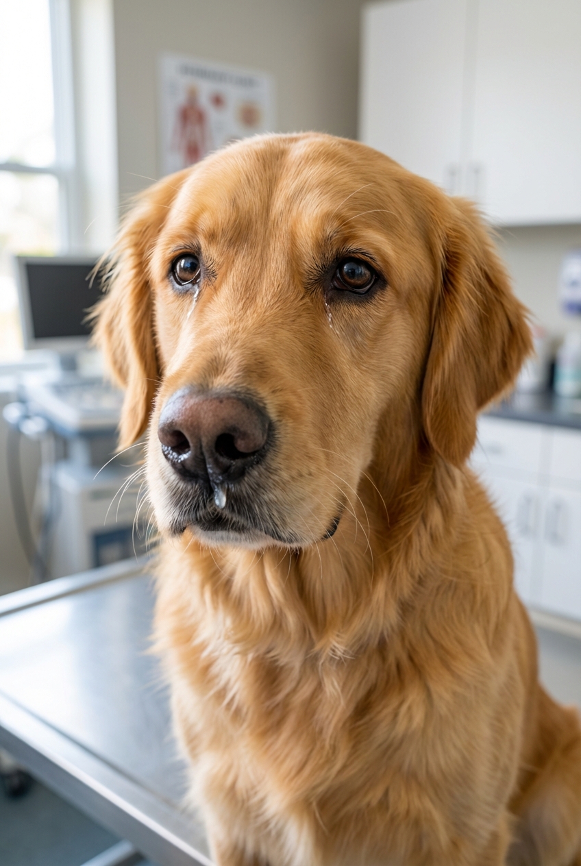 A close-up photo of a dog’s face with a small amount of clear nasal discharge and slightly watery eyes