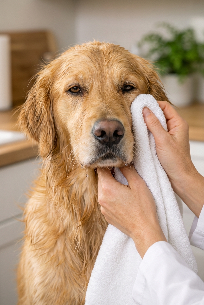 A close-up photo of a dog’s face with damp fur while a person holds a clean towel near the dog’s eyes