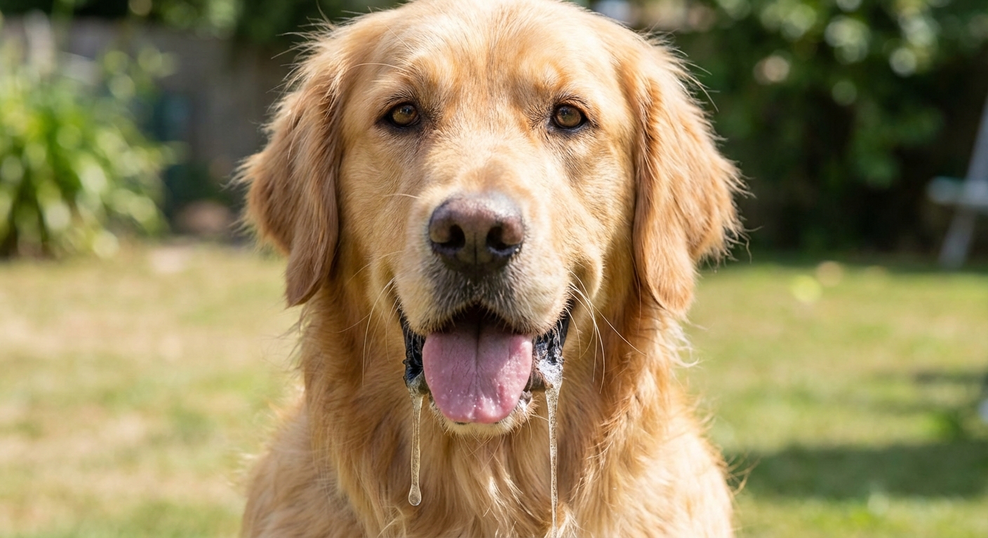 A close-up photo of a dog’s face with drool visible around the mouth