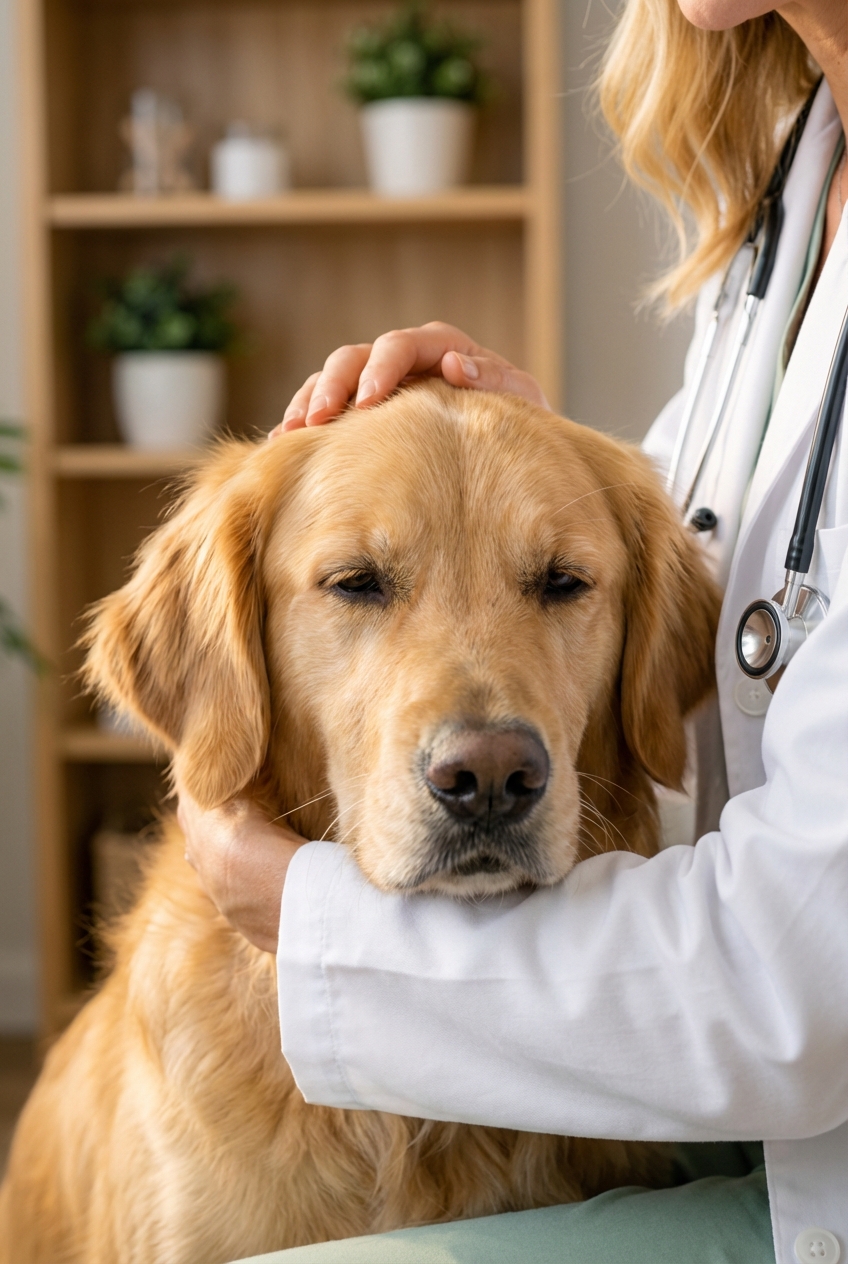 A close-up photo of a dog's face with relaxed eyes and soft ears while sitting next to an owner