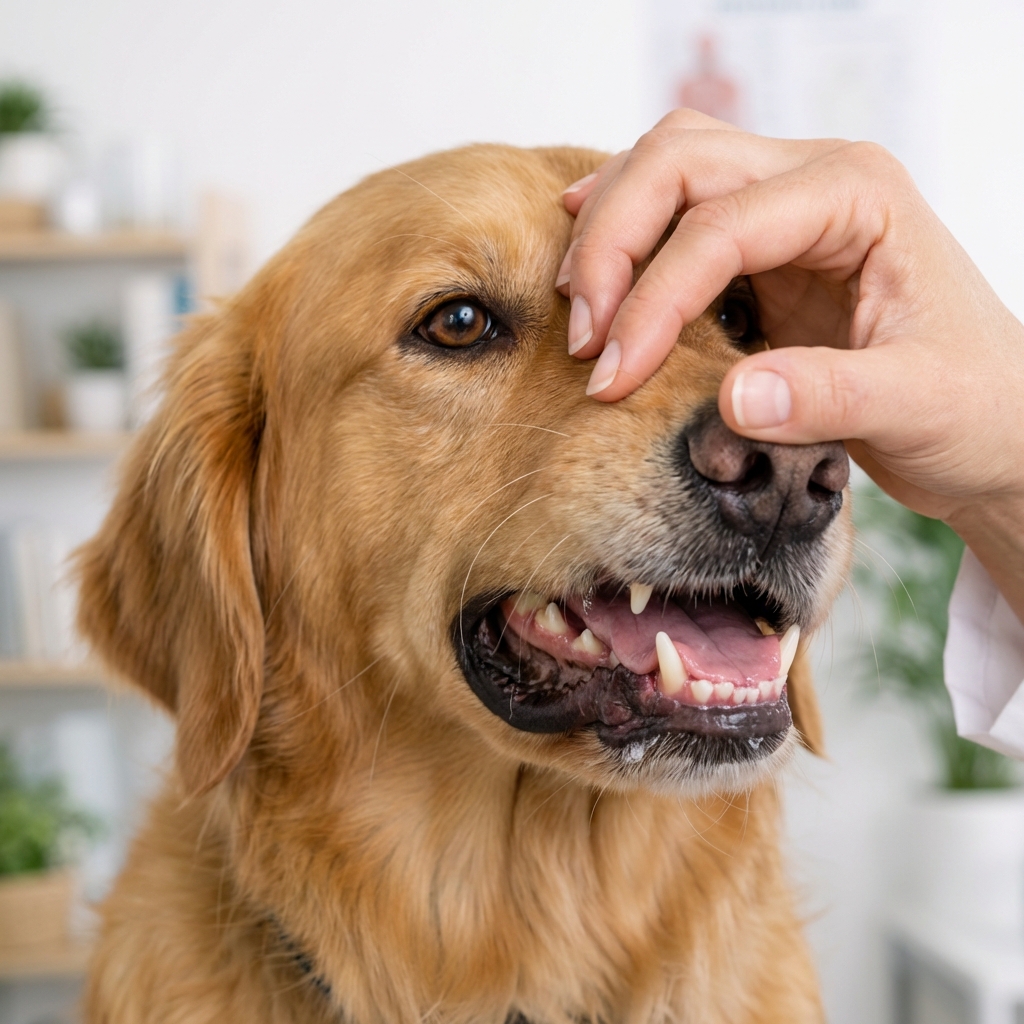 A close-up photo of a dog’s face with the owner gently lifting the lip to check gum moisture