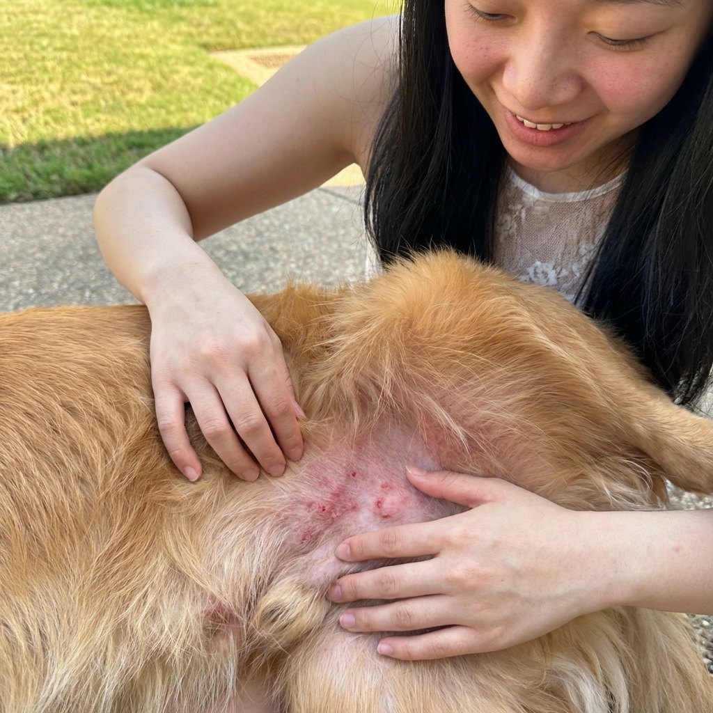 A close-up photo of a dog’s fur being parted to reveal irritated skin on the belly while a person examines the area in natural light