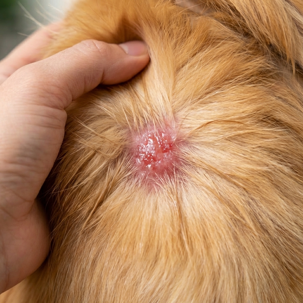 A close-up photo of a dog’s fur parted to reveal a small circular moist red skin lesion