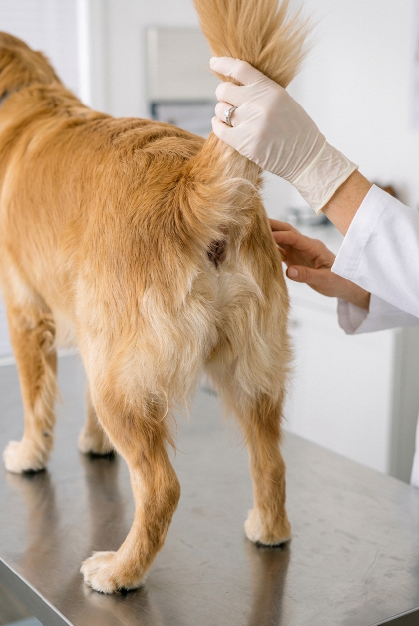 A close-up photo of a dog’s hindquarters from behind with a person gently lifting the tail while checking for swelling around the anus