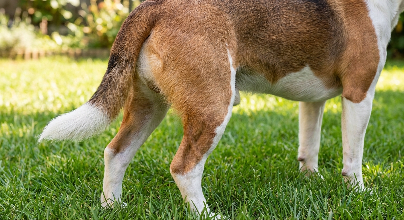 A close-up photo of a dog's hindquarters from the side while the dog stands on grass