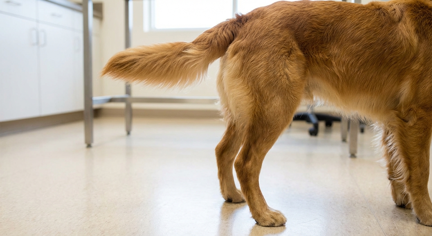 A close-up photo of a dog’s hindquarters with the tail lifted slightly while standing on a veterinary exam room floor