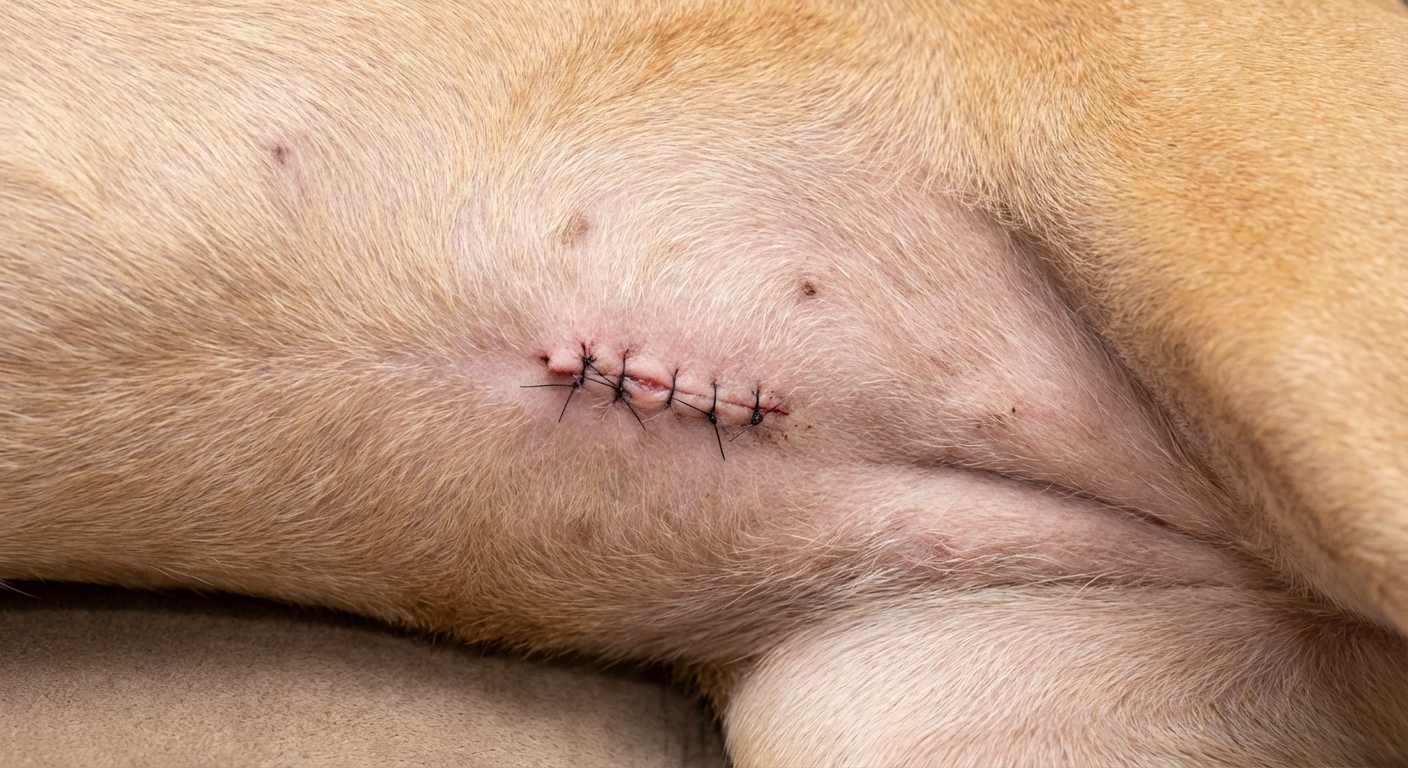 A close-up photo of a dog’s lower abdomen with a small healing surgical incision and minimal redness