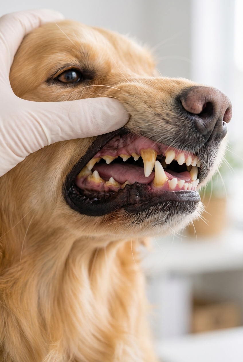A close-up photo of a dog’s mouth with visible tartar buildup near the gumline