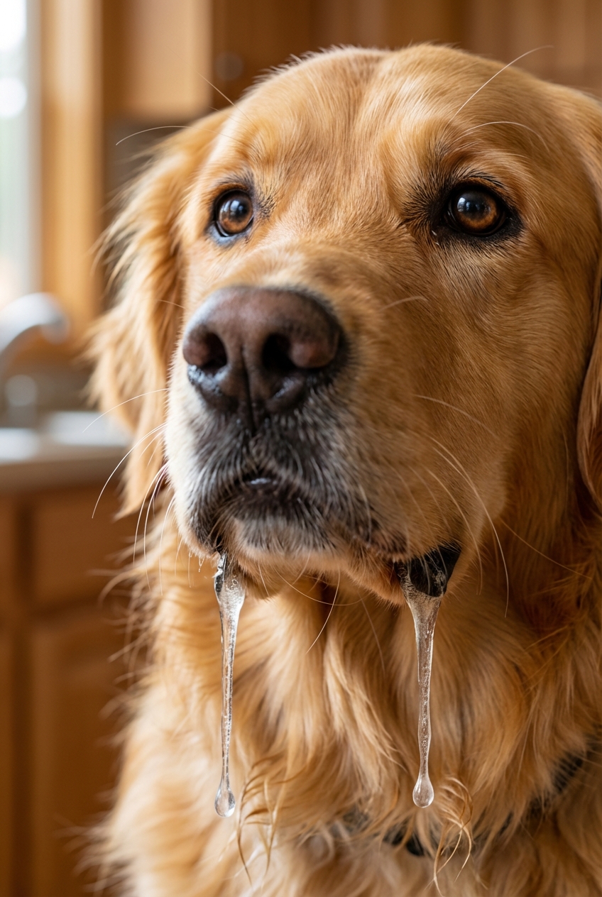 A close-up photo of a dog's muzzle with visible drool strands and worried expression