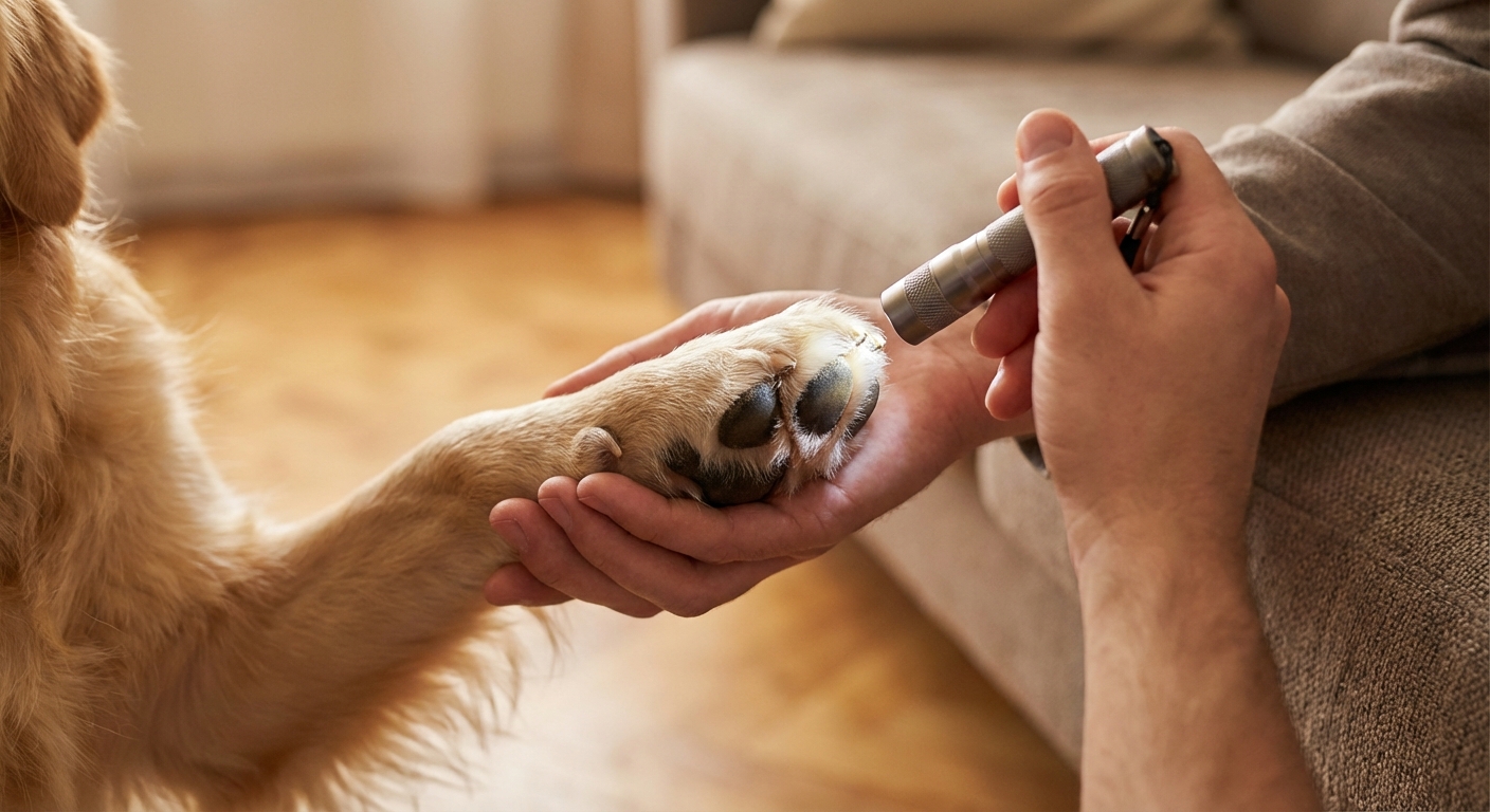 A close-up photo of a dog’s paw being gently held while an owner uses a flashlight to inspect between the toes