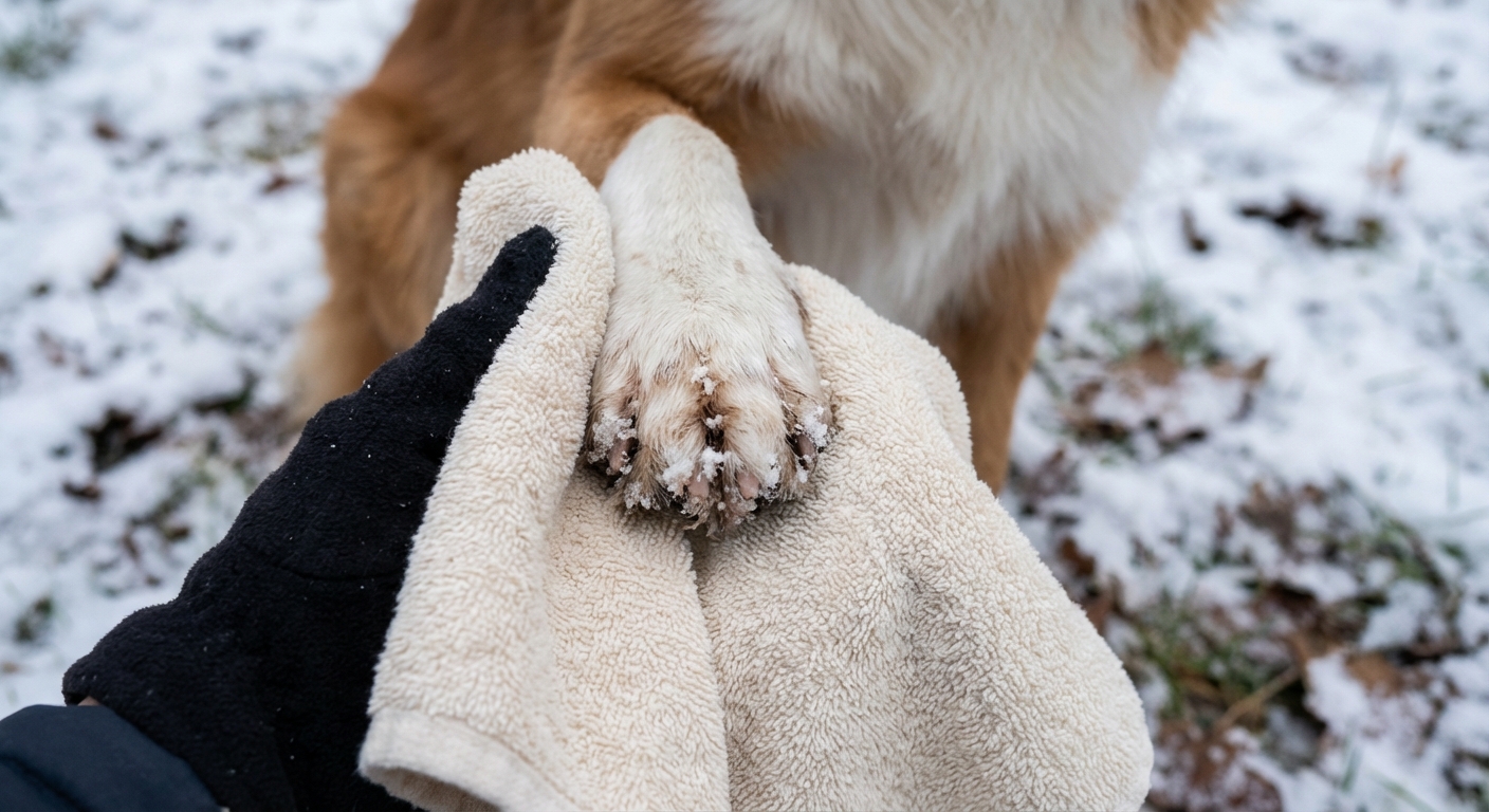 A close-up photo of a dog’s paw being gently wiped with a soft towel after a walk on a cold day
