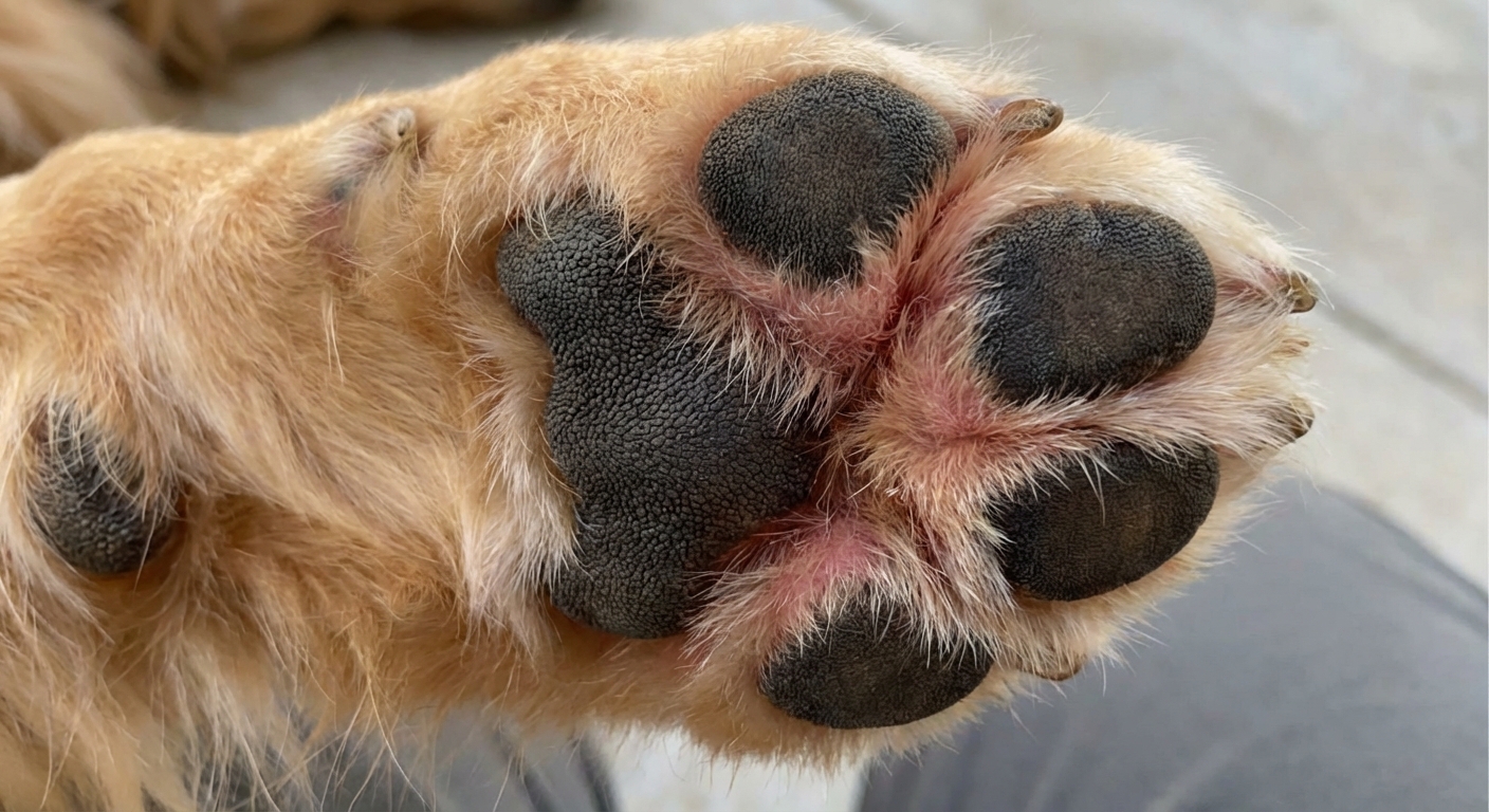 A close-up photo of a dog’s paw pads with mild redness between the toes