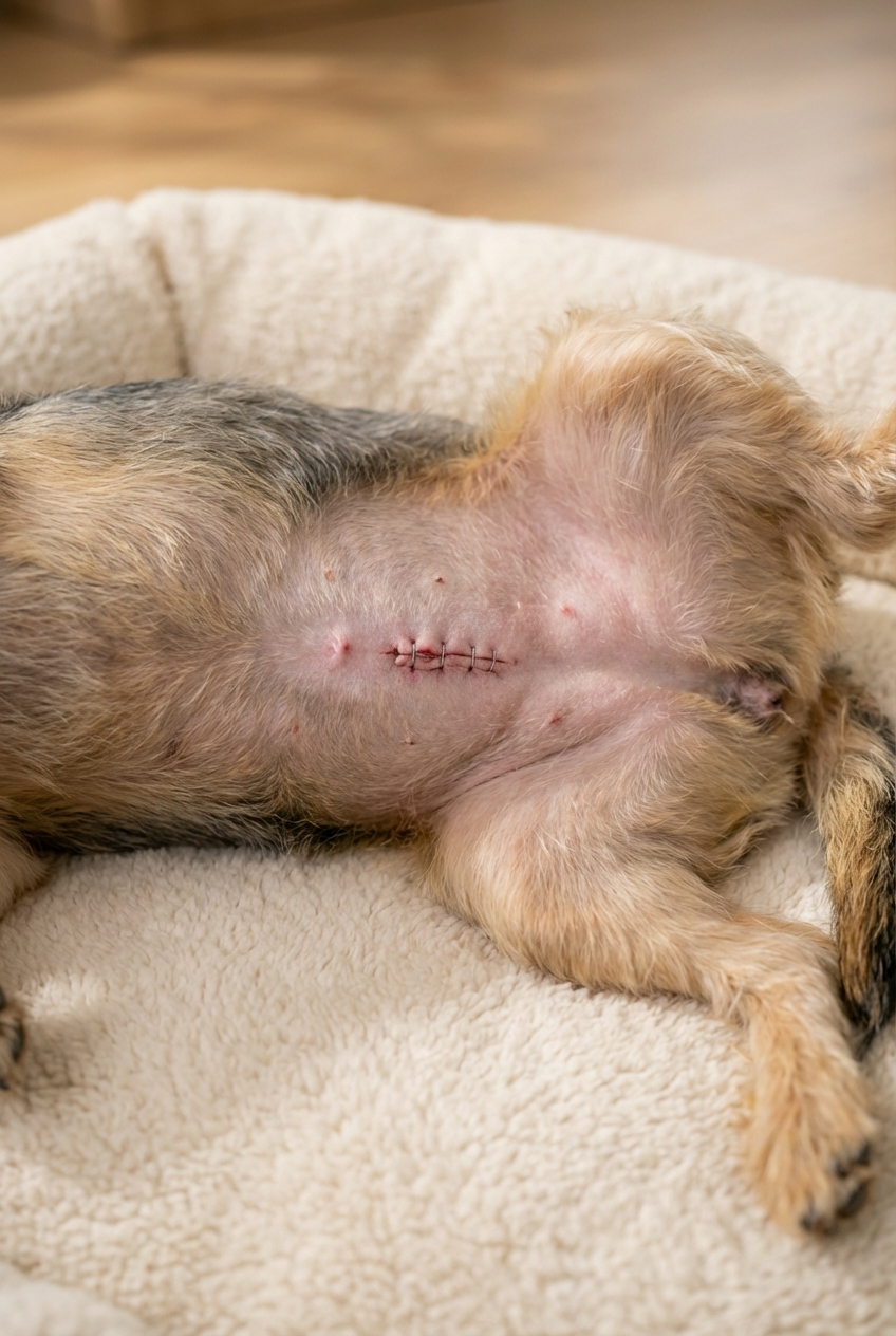A close-up photo of a dog’s shaved belly showing a clean spay incision with mild redness and no discharge