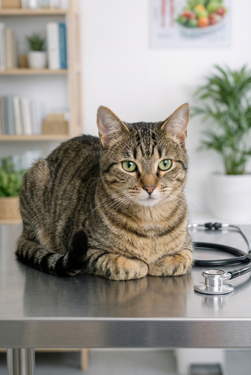 A close-up photo of a domestic cat sitting calmly on a veterinary exam table