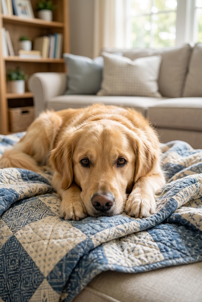 A close-up photo of a female dog resting on a washable blanket in a living room
