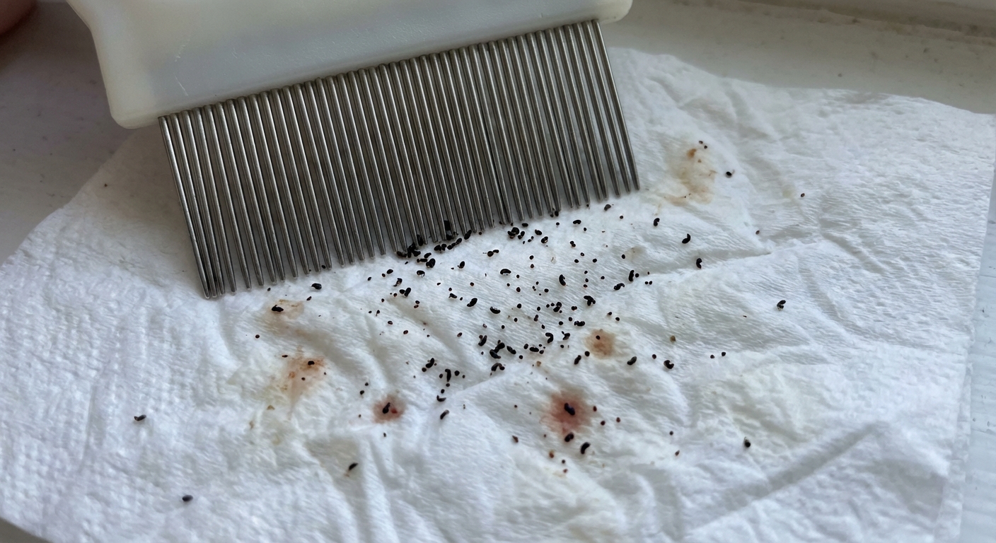 A close-up photo of a flea comb and tiny black specks on a white paper towel
