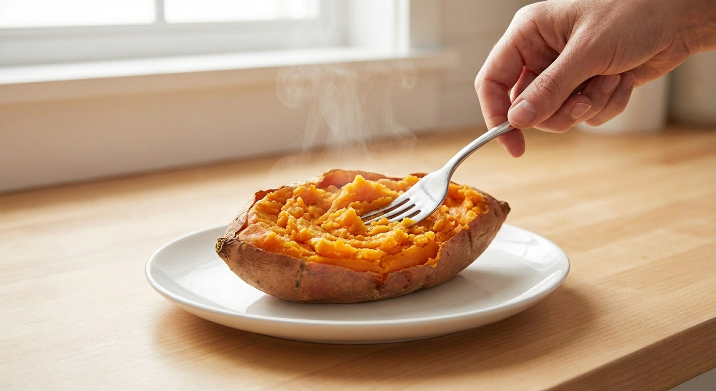 A close-up photo of a fork mashing plain baked sweet potato on a white plate