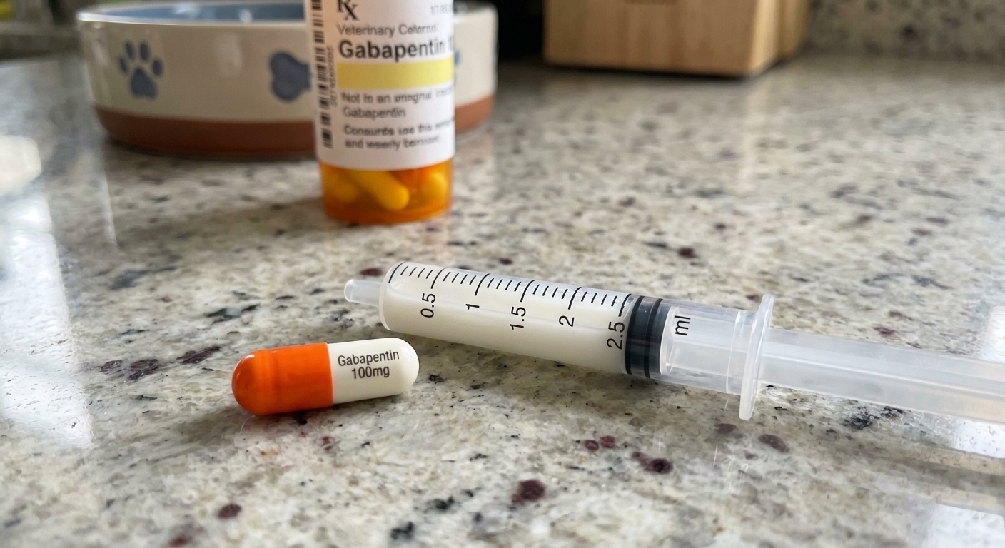 A close-up photo of a gabapentin capsule next to an oral dosing syringe on a clean kitchen counter, realistic pet medication setup