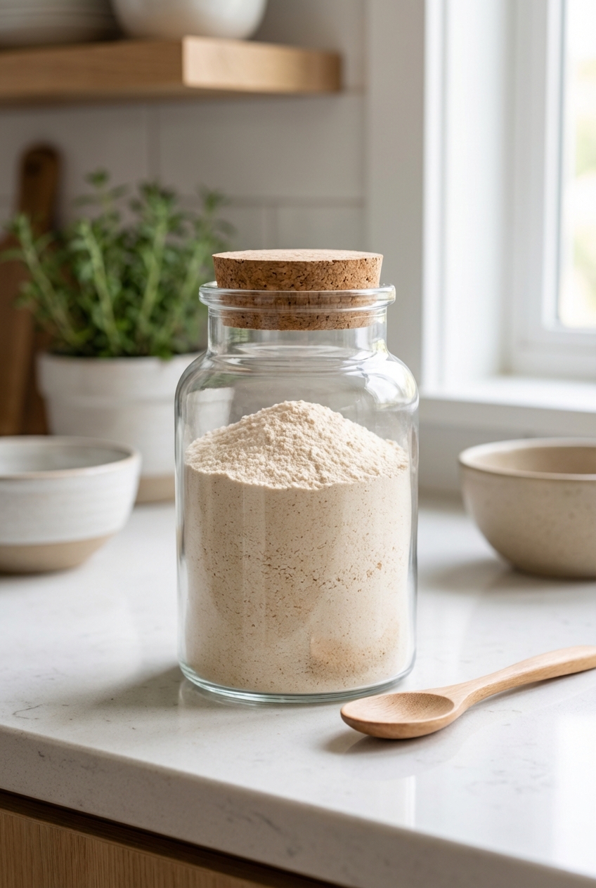 A close-up photo of a glass container holding finely ground eggshell powder on a kitchen counter