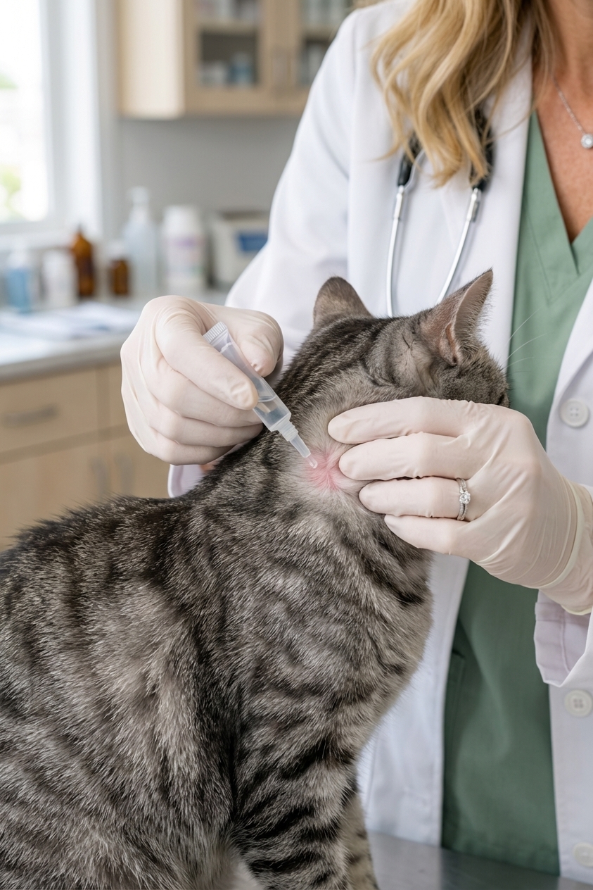 A close-up photo of a gloved hand applying a small topical flea prevention tube to the skin at the back of a gray tabby cat's neck
