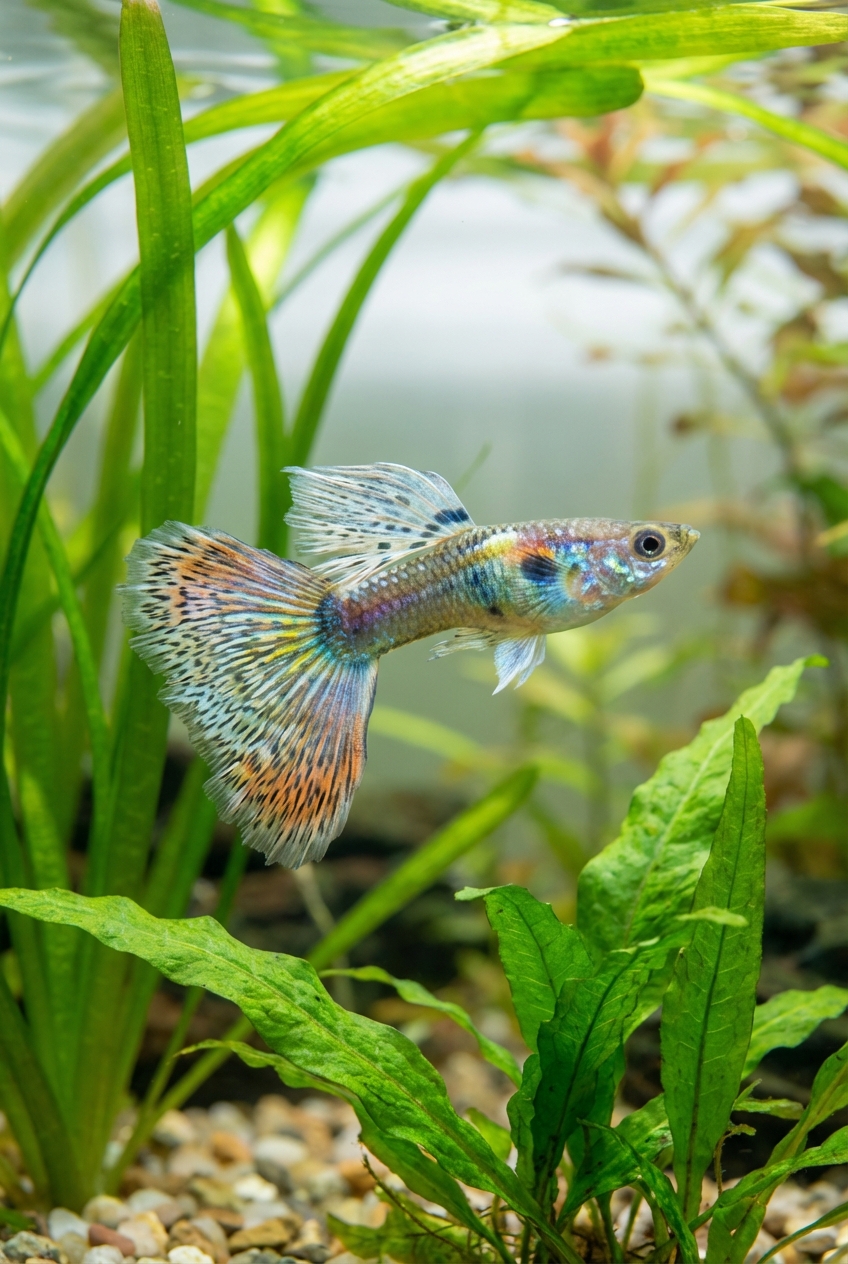 A close-up photo of a guppy swimming near aquatic plants with its fins clearly visible