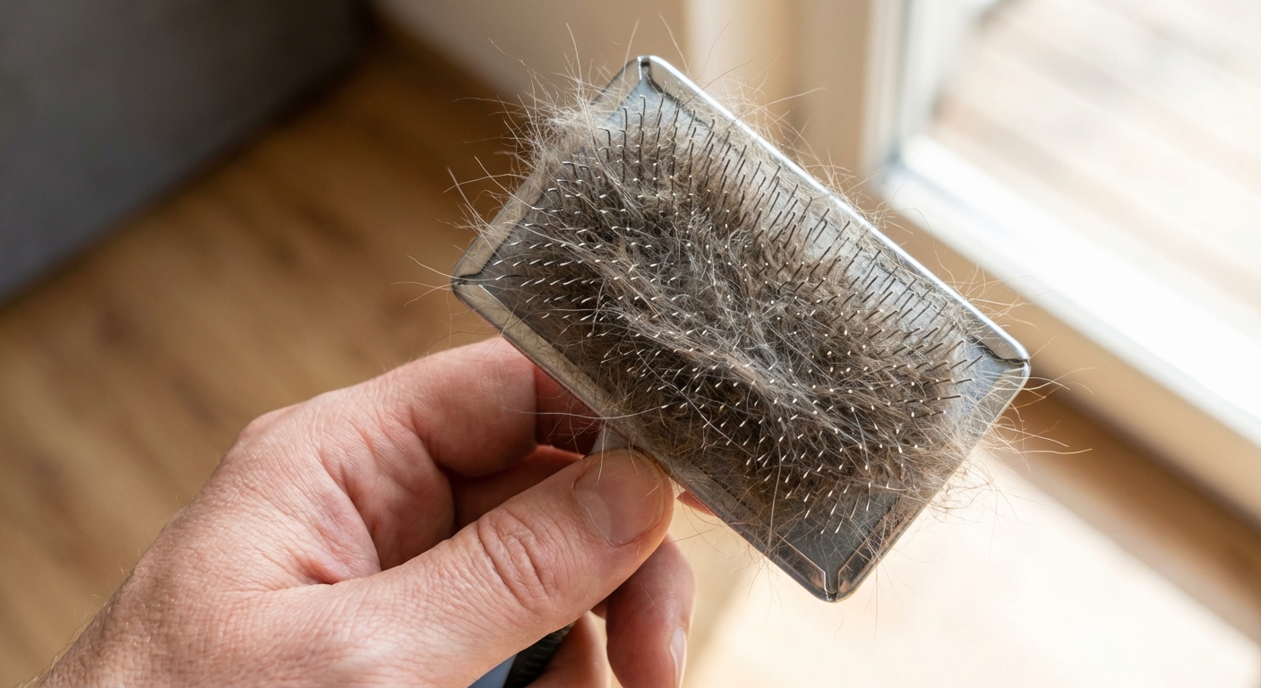 A close-up photo of a hand holding a cat brush with loose fur collected in the bristles