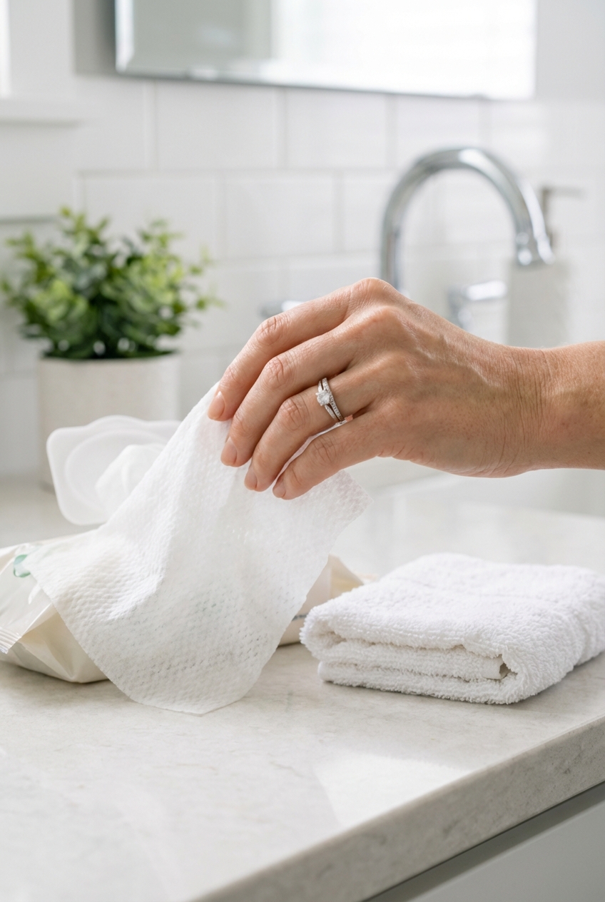 A close-up photo of a hand holding a fragrance-free pet wipe next to a small towel on a bathroom counter