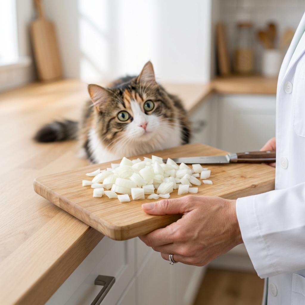 A close-up photo of a hand holding a kitchen cutting board with chopped onion next to a curious cat in the background