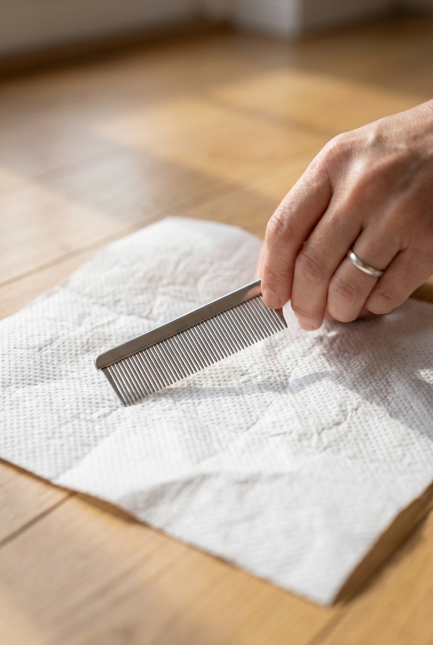 A close-up photo of a hand holding a metal flea comb over a white paper towel
