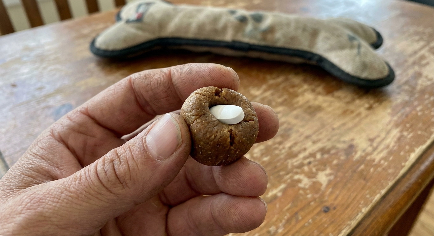 A close-up photo of a hand holding a pill pocket treat with a small tablet tucked inside