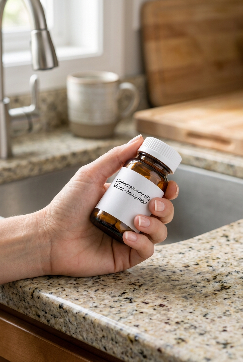 A close-up photo of a hand holding a plain diphenhydramine bottle on a kitchen counter